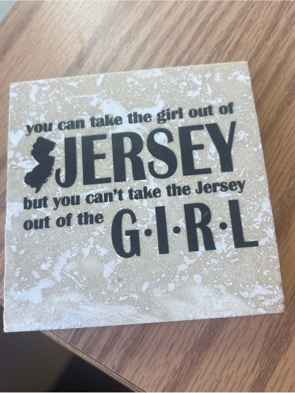Jersey Girl Decorative Coaster - Beige with Black Text